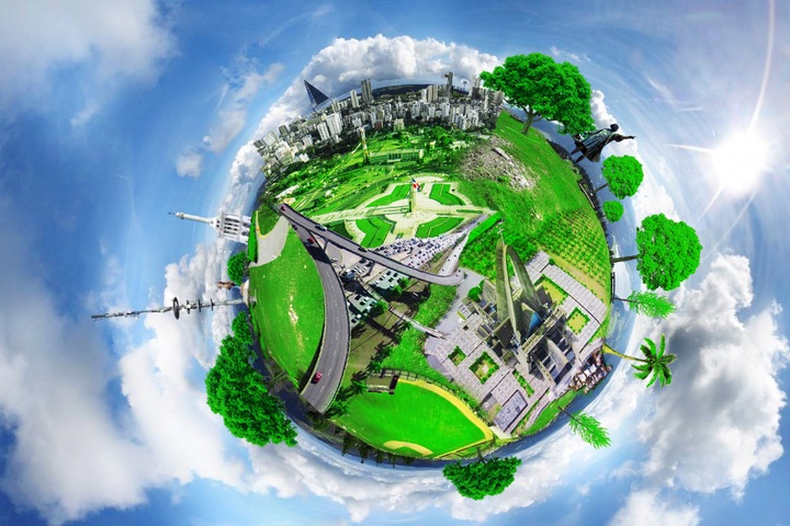 Monde vert, vue à 360 degrés, réduction de l'empreinte carbone