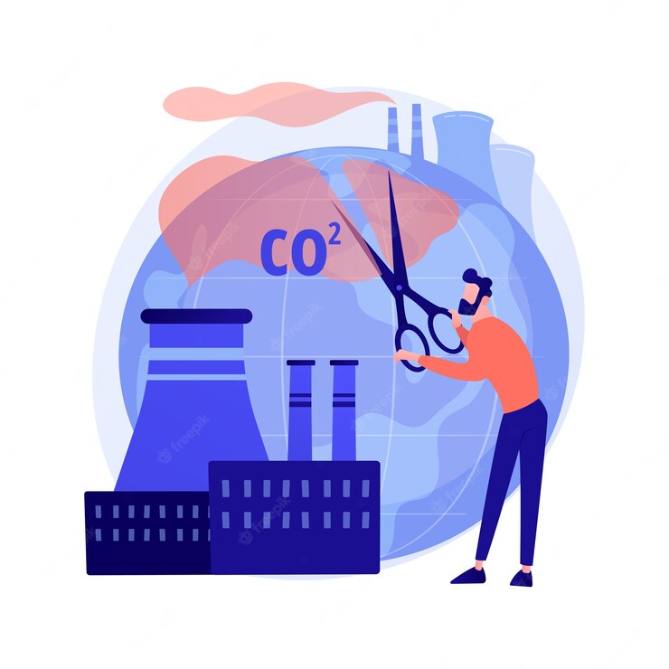 Iconographie montrant un homme coupant aux ciseaux, les émissions de CO2 d'une usine.